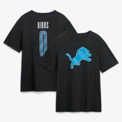 Jahmyr Gibbs Detroit Lions Metallic Mascot Name & Number T-Shirt - Black - Front View