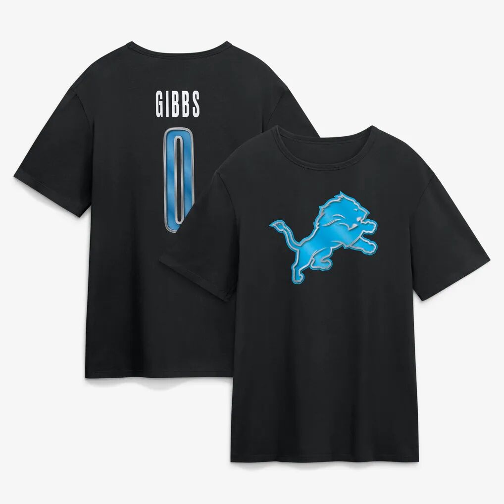 Jahmyr Gibbs Detroit Lions Metallic Mascot Name & Number T-Shirt