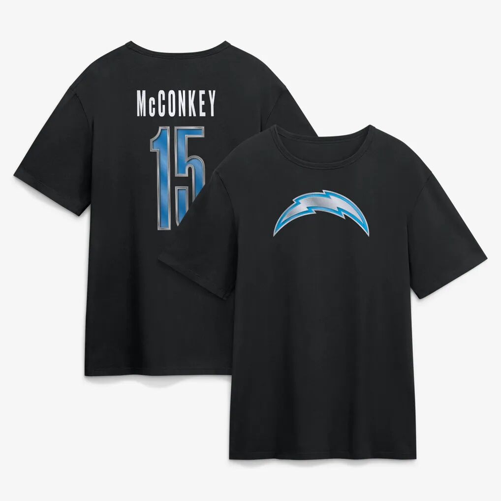 Ladd McConkey Los Angeles Chargers Metallic Mascot Name & Number T-Shirt