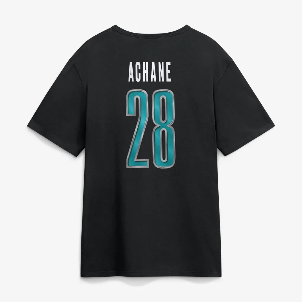 Devon Achane Miami Dolphins Metallic Mascot Name & Number T-Shirt