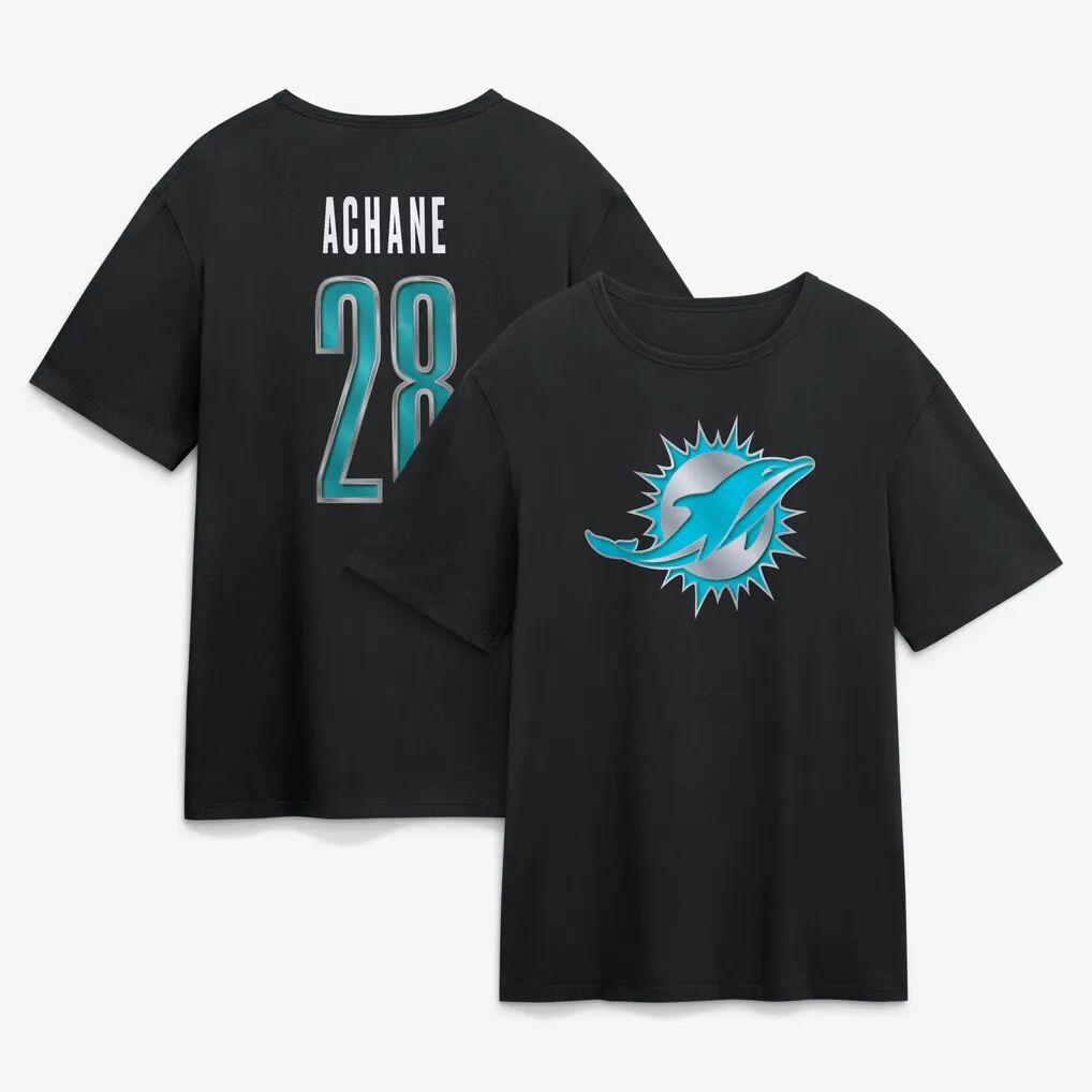 Devon Achane Miami Dolphins Metallic Mascot Name & Number T-Shirt
