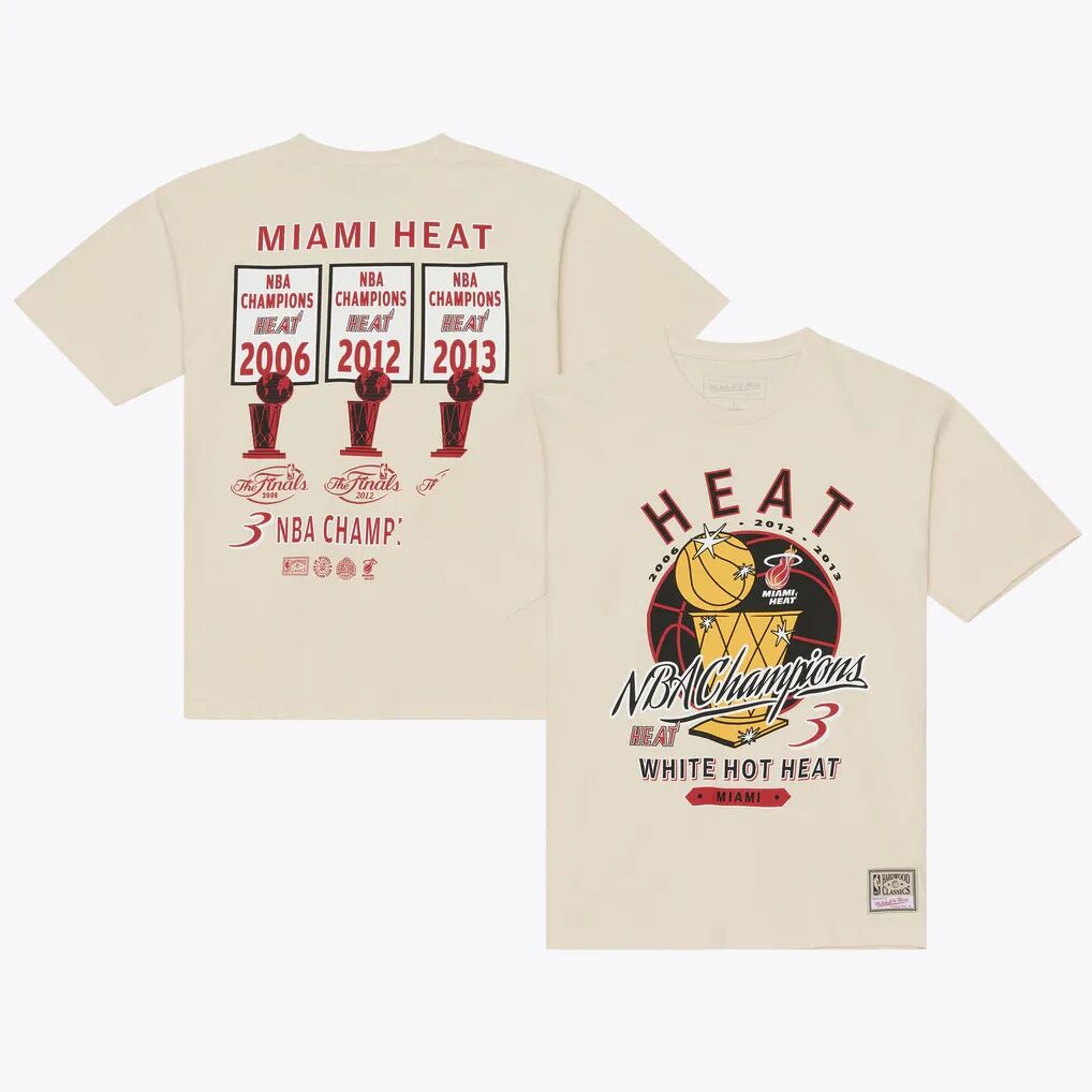 Miami Heat Mitchell & Ness Hardwood Classics Champions Vintage T-Shirt - Cream - Front View