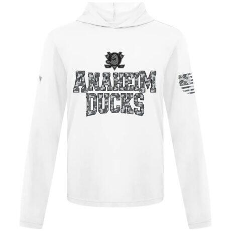 Anaheim Ducks Levelwear Anthem Camo Long Sleeve Hooded T-Shirt - White - Front View
