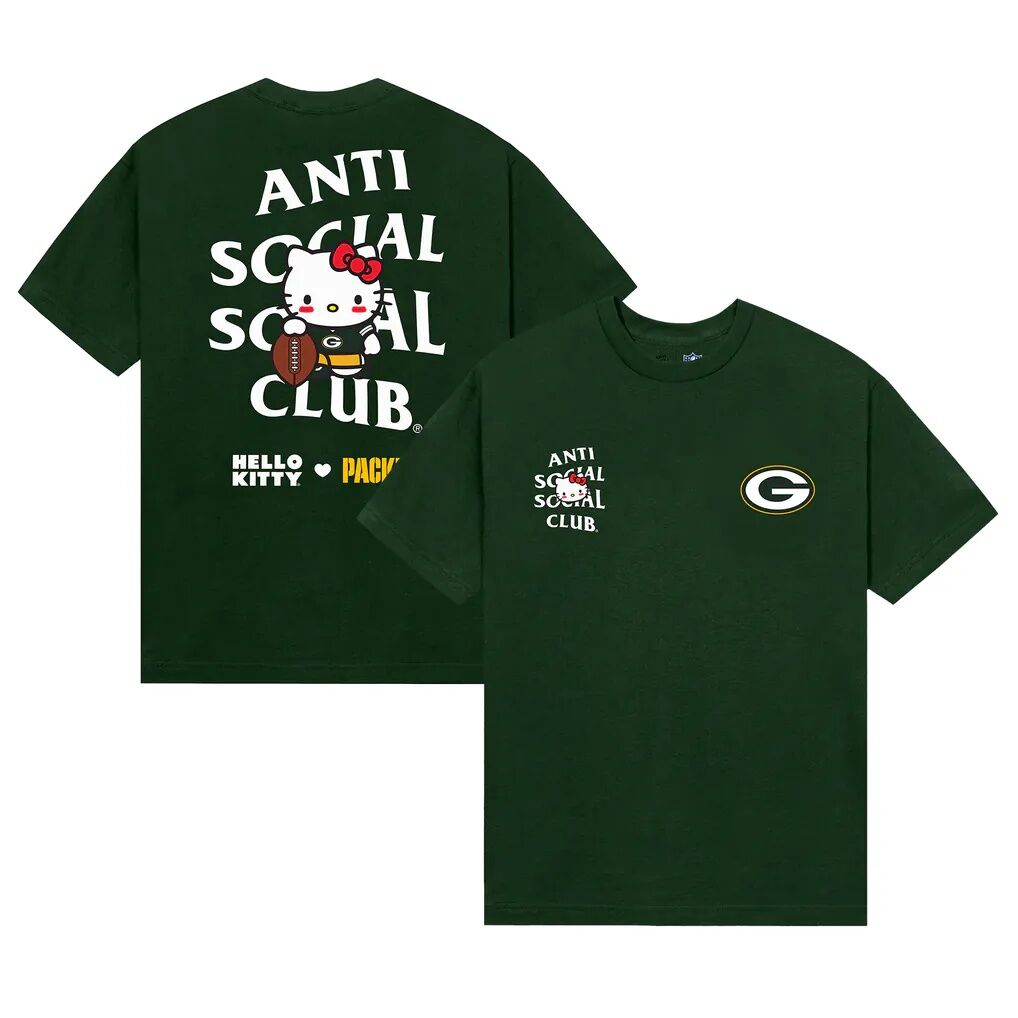 Green Bay Packers AntiSocialSocialClub Unisex Hello Kitty Blitz T-Shirt - Green - Front View
